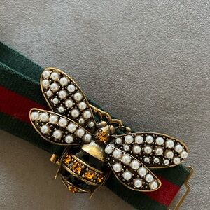 Green and Red Belt with Pearl Bee Buckle